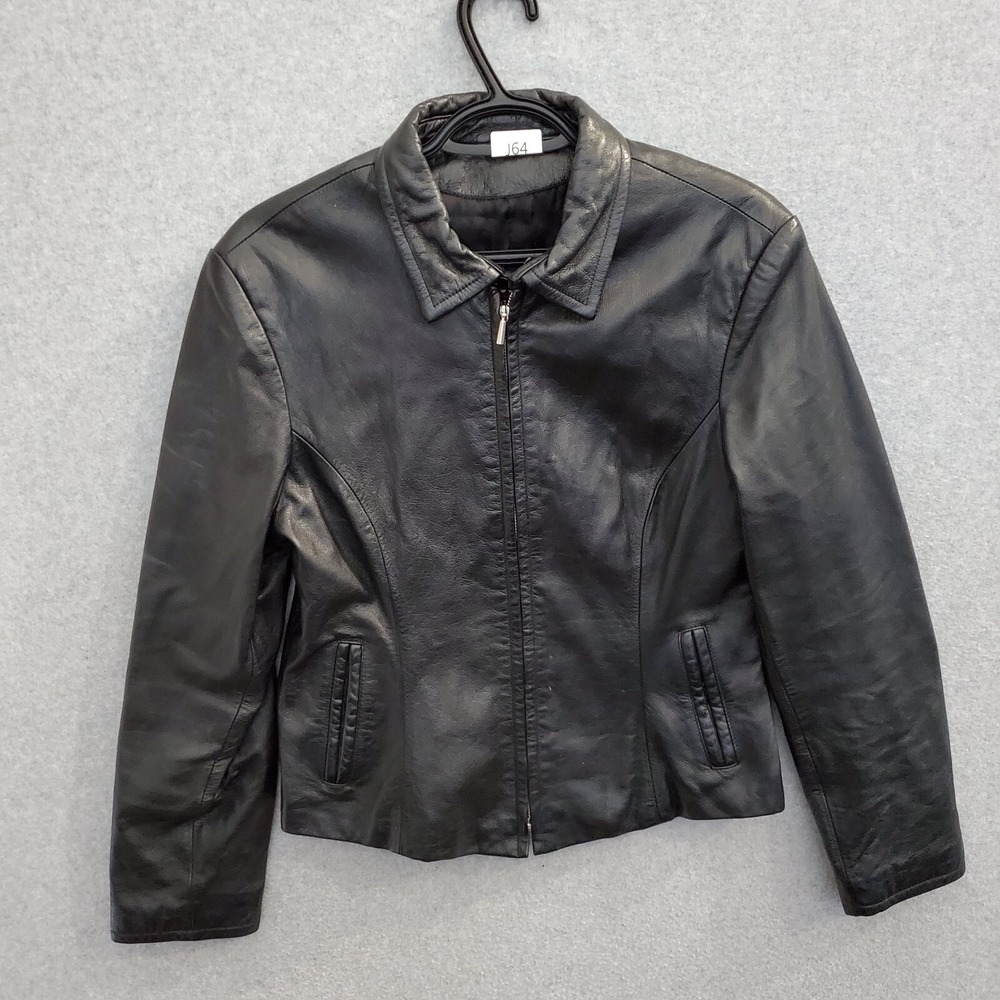 Wilsons Women Jacket M Black 100% Leather Shell Pockets Full Zip Long Sleeve